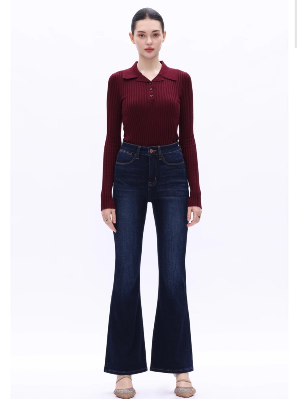 Bayeas High Rise Flare Dark Blue Jeans Perfect Stretch Curve Hugging Sz 27 new